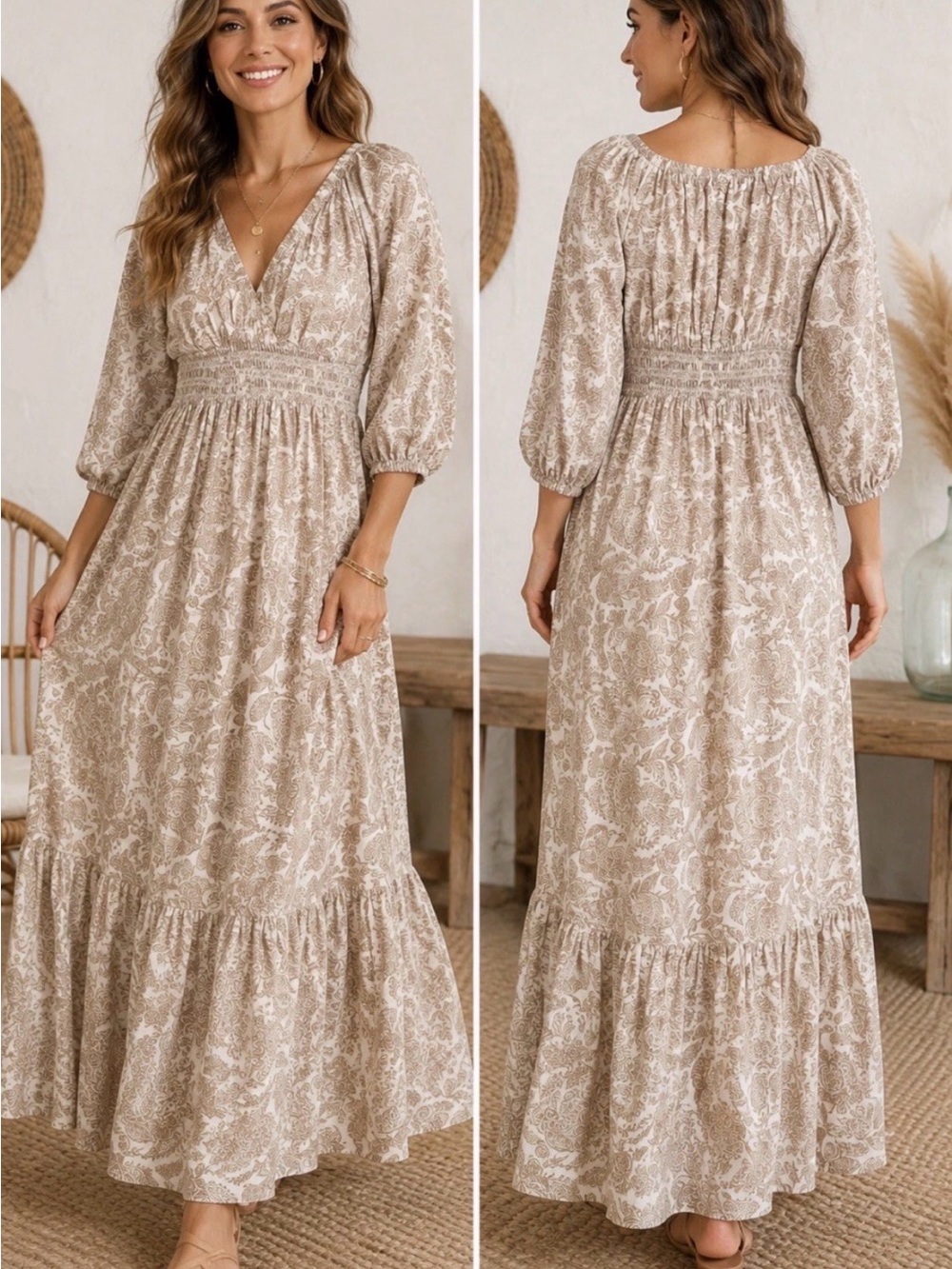 Patrons of Peace Beige Paisley Maxi Dress XS Boho Smocked Waist Long Sleeve